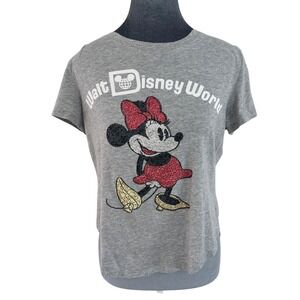 Walt Disney World Theme Park Sparkly Wms Minnie Mouse Rhinestone Grey T-Shirt S
